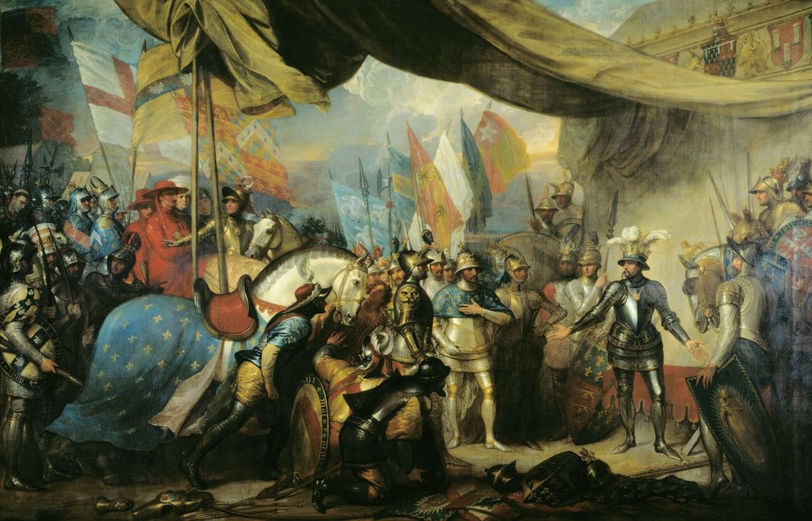 Edward, the Black Prince, Receiving King John of France after the Battle of Poitiers, vintage artwork by Benjamin West, 12x8" (A4) Poster