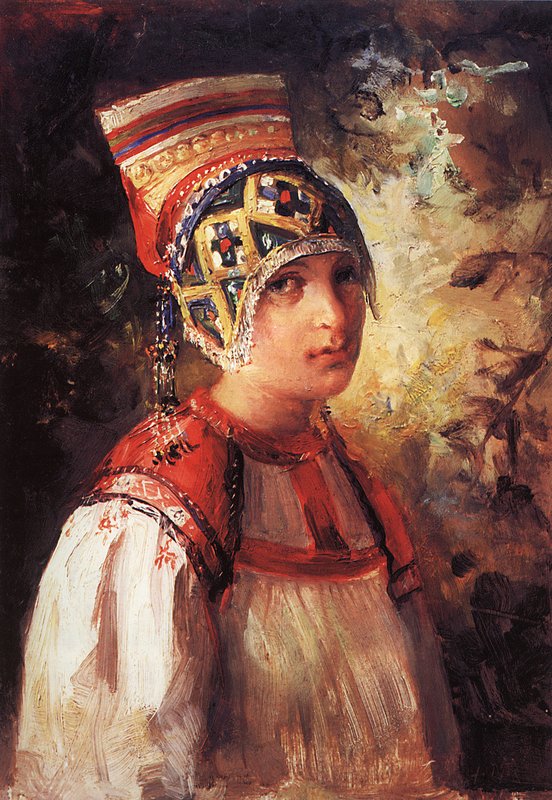 Peasant Girl, vintage artwork by Vladimir Yegorovich Makovsky, 12x8" (A4) Poster