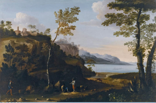 A Wooded Landscape with Peasants Resting on a Track, vintage artwork by Jan Miel, 12x8" (A4) Poster