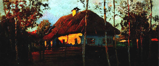 Cottage at Sunset, vintage artwork by Mikhail Tkachenko, 12x8" (A4) Poster