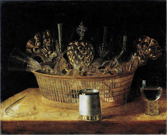 Basket of glasses, vintage artwork by Sebastien Stoskopff, 12x8" (A4) Poster