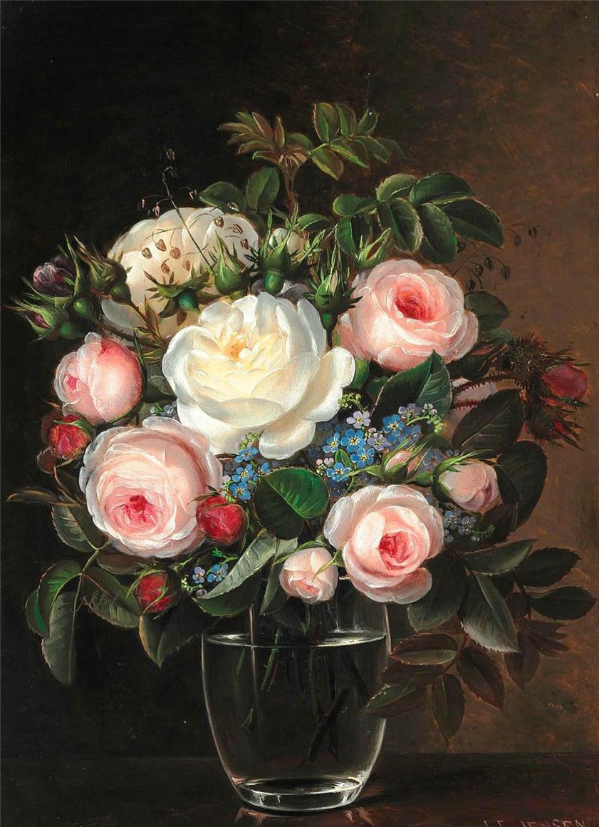 Pink and white roses together with forget-me-nots in a glass vase, vintage artwork by Johan Laurentz (J.L.) Jensen, A3 (16x12") Poster Print