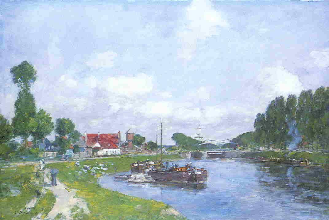Barges on the Canal, Saint-Valery-sur-Somme, vintage artwork by Eugène-Louis Boudin, 12x8" (A4) Poster
