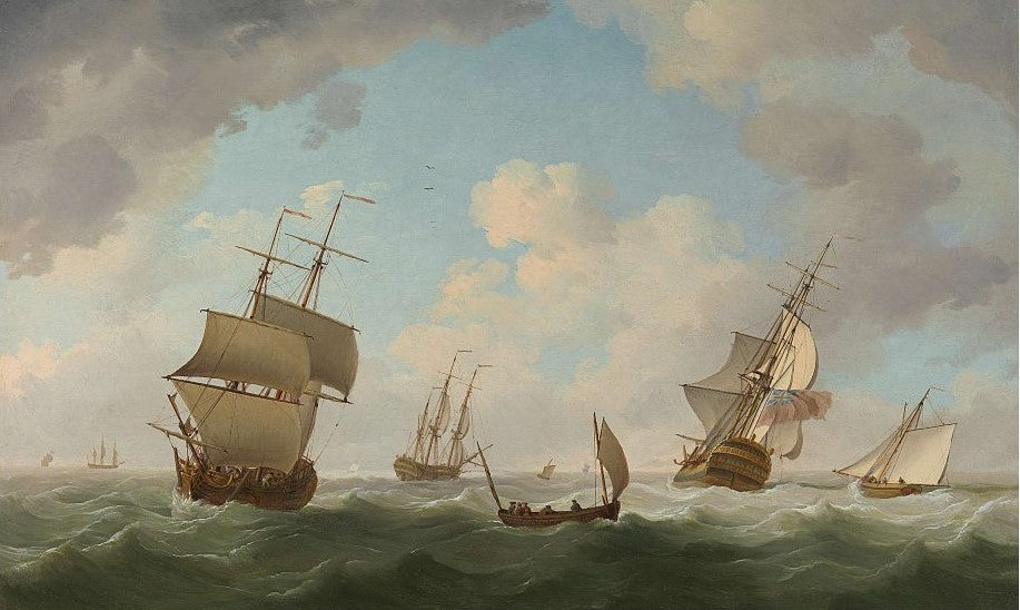 The English Privateer Squadron known as the 'Royal Family' Engaging Enemy Ships, vintage artwork by Charles Brooking, 12x8" (A4) Poster