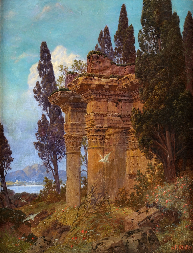 Landscape with Temple Ruins, vintage artwork by Ferdinand Knab, 12x8" (A4) Poster