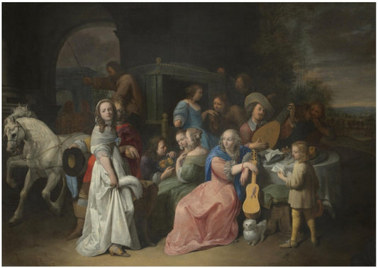 An outdoor scene with an elegant company attending and playing music, vintage artwork by David Ryckaert III, 12x8" (A4) Poster