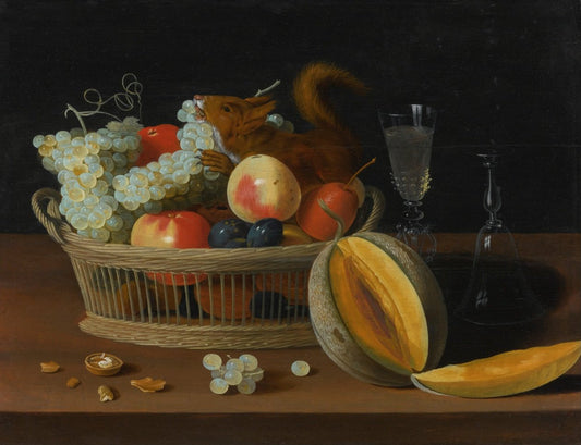 Still Life with a Basket of Fruit and a Squirrel, Glasses, and a Cut Melon on a Tabletop, vintage artwork by Jacob Foppens van Es, 12x8" (A4) Poster