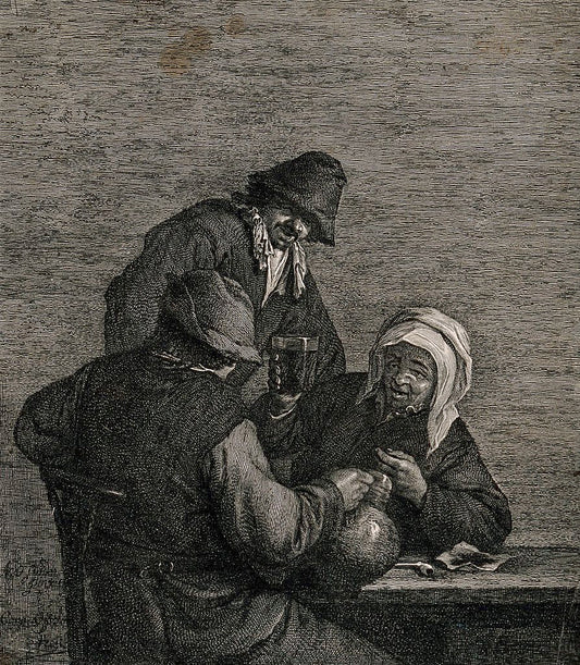 An old woman raises her glass to two men, vintage artwork by Cornelis Visscher, 12x8" (A4) Poster