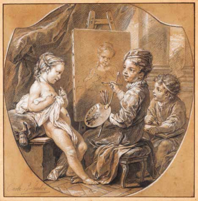 Allegories of Fine Arts as Children - Painting, vintage artwork by Carle van Loo, 12x8" (A4) Poster