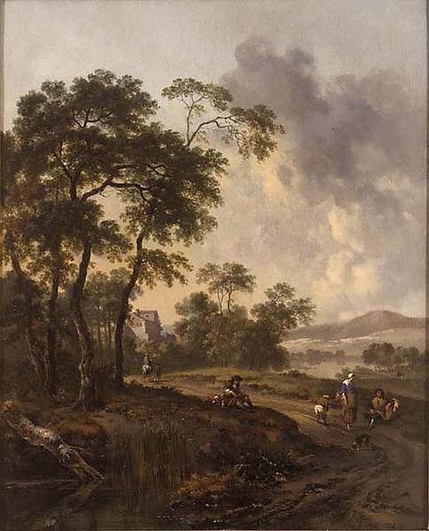 Landscape:  Hunter and Dogs on the Chase, vintage artwork by Jan Wijnants, 12x8" (A4) Poster