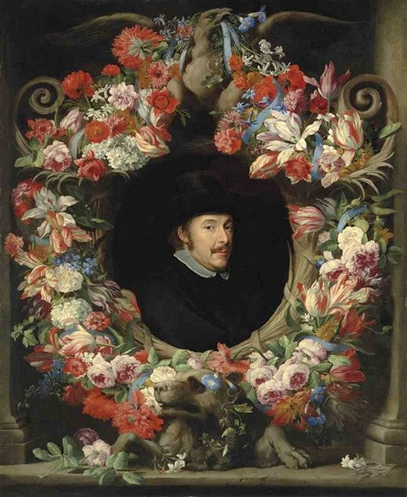 Sculptural Cartouche with Garland, vintage artwork by Abraham Brueghel, 12x8" (A4) Poster