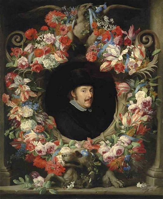 Sculptural Cartouche with Garland, vintage artwork by Abraham Brueghel, 12x8" (A4) Poster