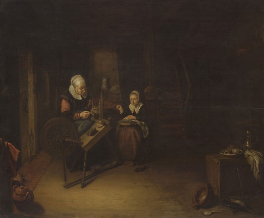 A Woman and a Girl in a KItchen, vintage artwork by Quiringh van Brekelenkam, 12x8" (A4) Poster