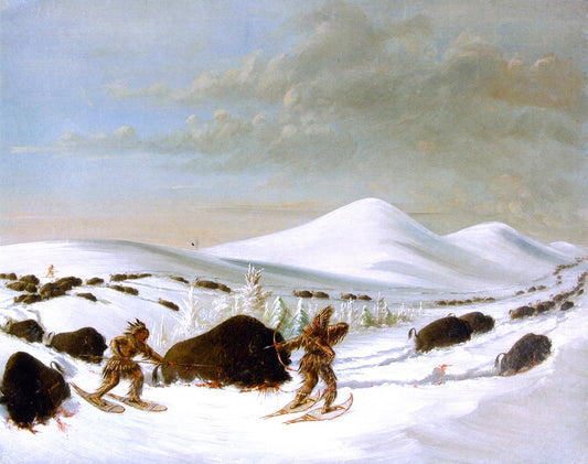 Buffalo Hunt in Winter, vintage artwork by George Catlin, A3 (16x12") Poster Print