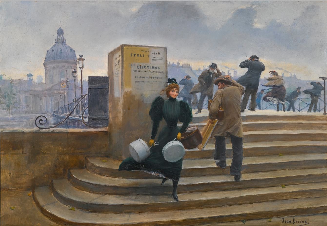 La Modiste sur le Pont des Arts, vintage artwork by Jean-Georges Beraud, 12x8" (A4) Poster