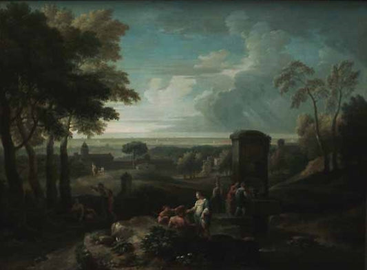 Italian Landscape with Figures and Fountain, vintage artwork by Jan Frans van Bloemen, 12x8" (A4) Poster