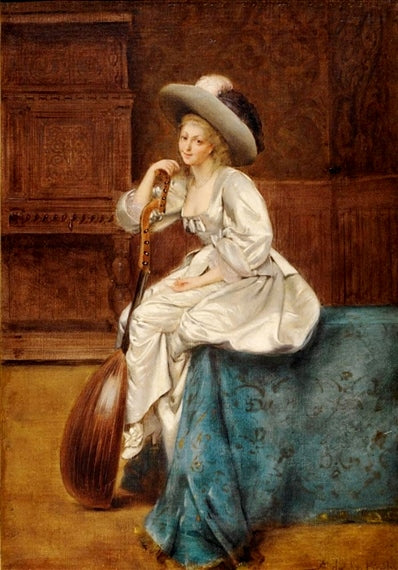 Portrait de femme à la mandoline, vintage artwork by Auguste de la Brely, 12x8" (A4) Poster
