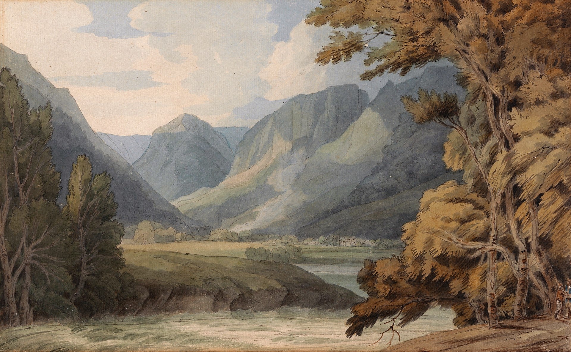 View in Borrowdale of Eagle Crag and Rosthwaite, vintage artwork by Francis Towne, 12x8" (A4) Poster