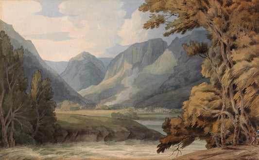View in Borrowdale of Eagle Crag and Rosthwaite, vintage artwork by Francis Towne, 12x8" (A4) Poster
