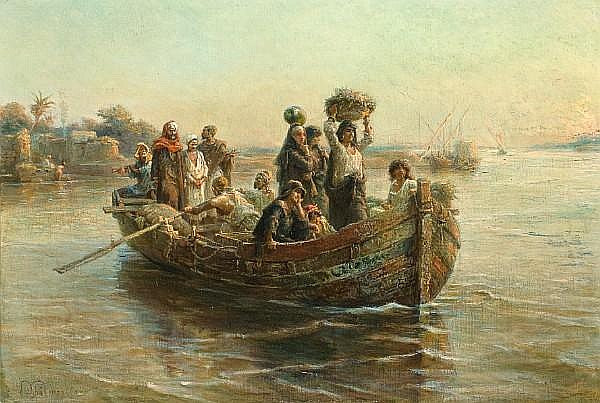 Figures in a boat on the Nile, vintage artwork by Paul Dominique Philippoteaux, 12x8" (A4) Poster