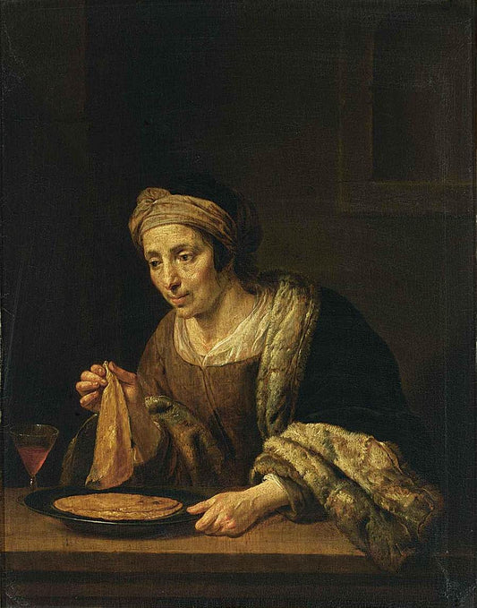 A Woman Holding Pancakes, vintage artwork by Jan van Bijlert, 12x8" (A4) Poster