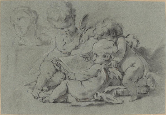 Three Putti Reading a Book, vintage artwork by Guillaume Thomas Taraval, 12x8" (A4) Poster