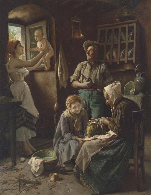 The Family Happiness, vintage artwork by Pompeo Massani, 12x8" (A4) Poster