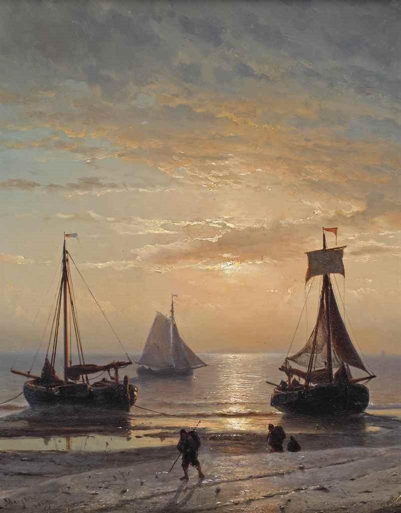 A Beach at Sunset, vintage artwork by Johan Hendrik Louis Meijer, A3 (16x12") Poster Print