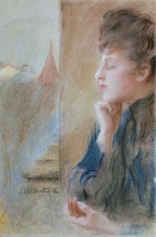 Lady in a window, vintage artwork by Theodor Axentowicz, 12x8" (A4) Poster