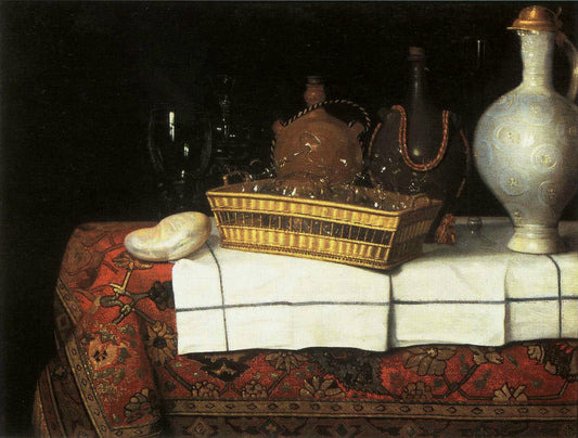 basket of glasses,  jug and nautilus, vintage artwork by Sebastien Stoskopff, 12x8" (A4) Poster