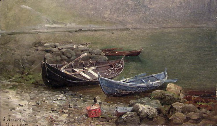 Boats on the Beach, vintage artwork by Anders Monsen Askevold, 12x8" (A4) Poster