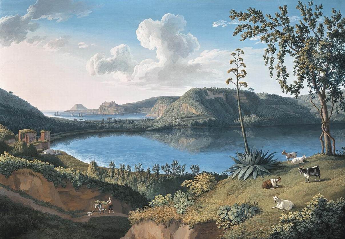 View of Lake Averno, vintage artwork by Jakob Philipp Hackert, 12x8" (A4) Poster