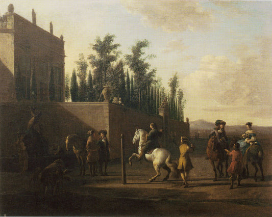 Riders Gathering in front of a Walled Estate, vintage artwork by Gerrit Adriaensz.Berckheyde, 12x8" (A4) Poster