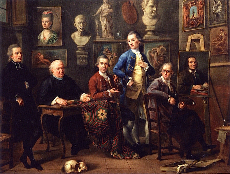 Group Portrait in the Ufizi with Zoffany at the Easel, vintage artwork by Attributed to Thomas Patch, 12x8" (A4) Poster