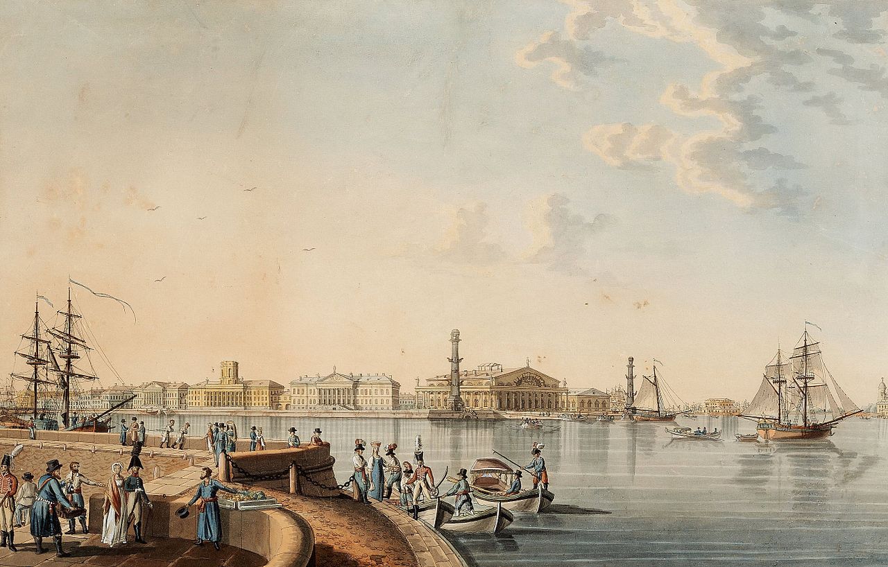 The Spit of Vasilyevsky Island, as seen from the Palace embankment, vintage artwork by Benjamin Patersen, 12x8" (A4) Poster