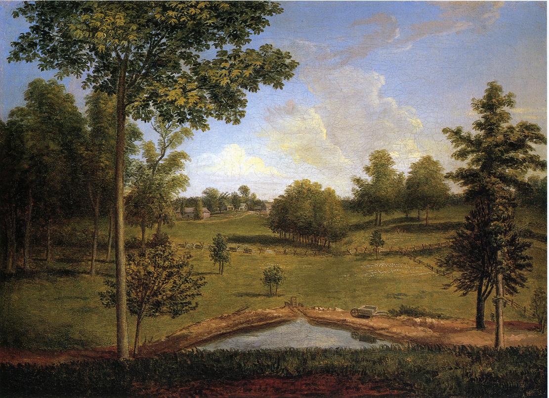 Landscape Looking Towards Sellers Hall from Mill Bank, vintage artwork by Charles Willson Peale, 12x8" (A4) Poster