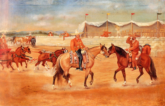Llegada del Patrón y sus Invitados a un Jaripeo, vintage artwork by Ernesto Icaza, 12x8" (A4) Poster