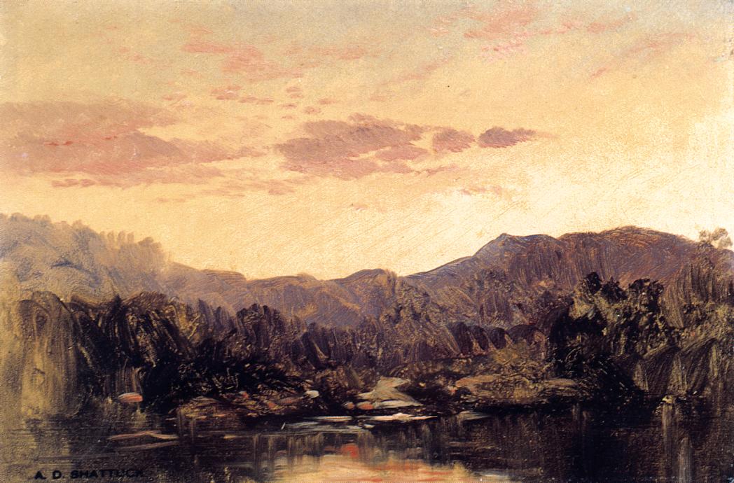 Sunset over Lake George, vintage artwork by Aaron Draper Shattuck, 12x8" (A4) Poster