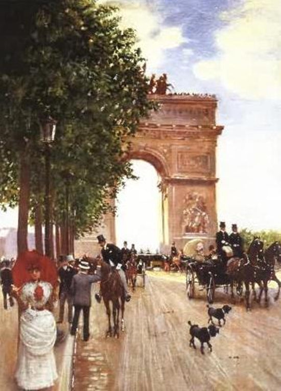 Arc De Triomphe, Champ-Elysees, Paris, vintage artwork by Jean-Georges Beraud, 12x8" (A4) Poster