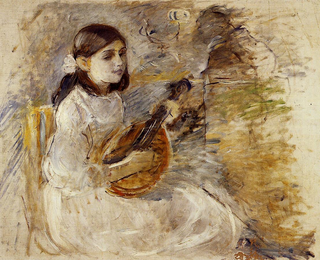 Girl Playing the Mandolin, vintage artwork by Berthe Morisot, 12x8" (A4) Poster