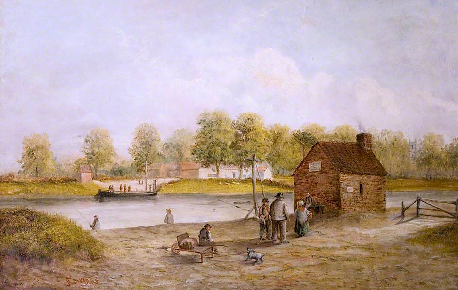 Fishing by  the River at Wilford Ferry, Nottingham, Barge in the Background, vintage artwork by Edwin Edwards, A3 (16x12") Poster Print