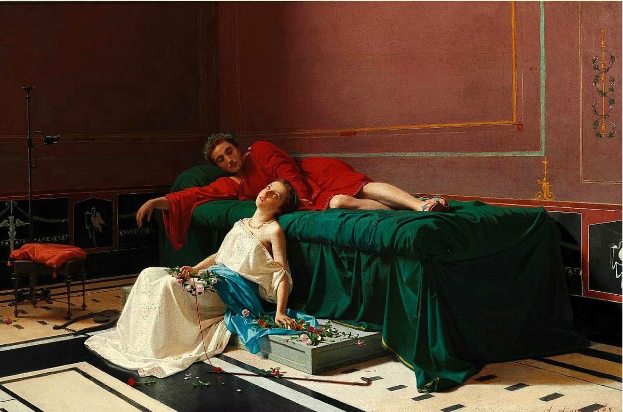 Scene from Pompeii with the Blind Servant Nydia and the Nobleman Glaucus, vintage artwork by Alfonso Savini, 12x8" (A4) Poster