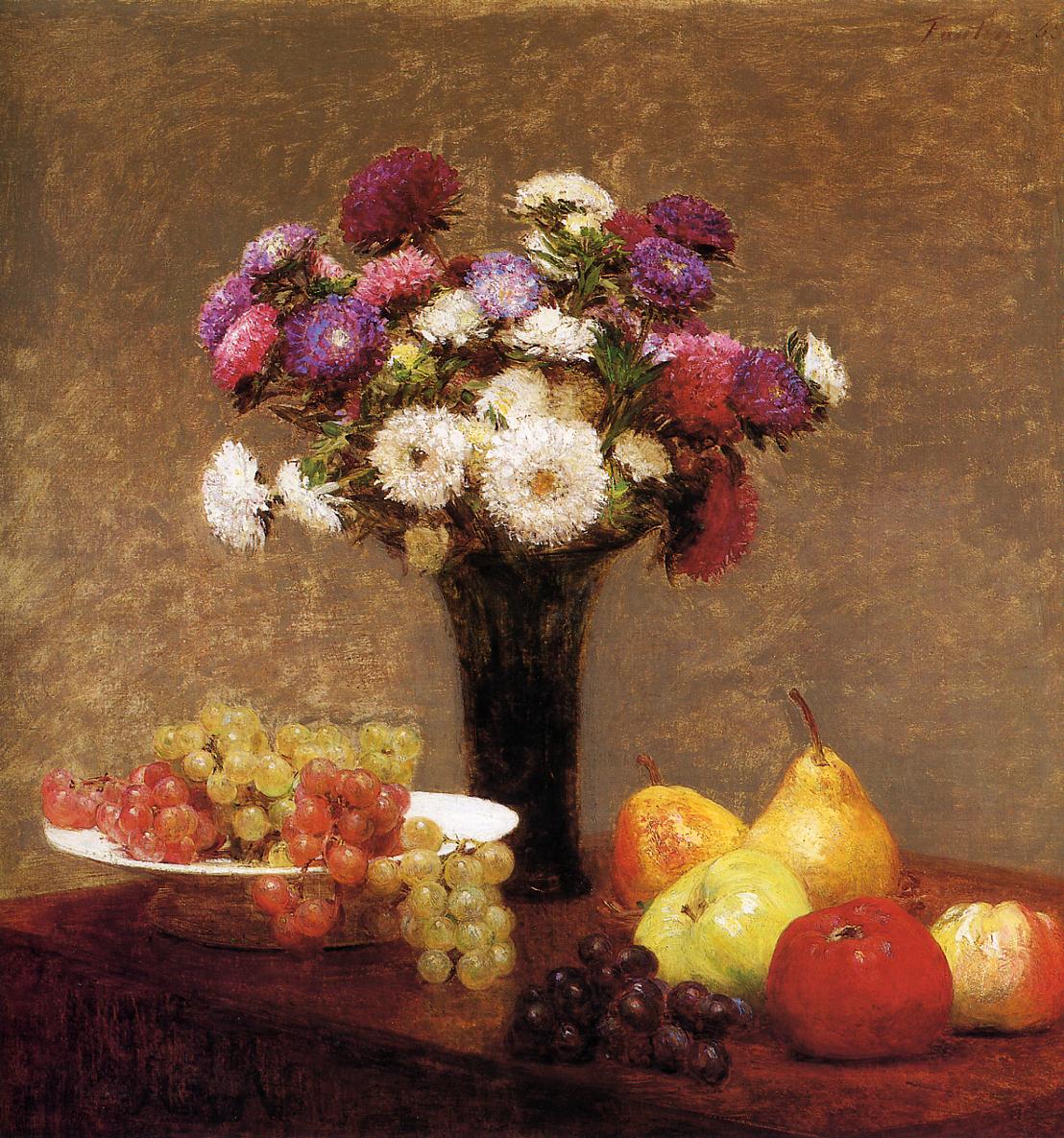Asters and Fruit on a Table, vintage artwork by Henri Fantin-Latour, 12x8" (A4) Poster