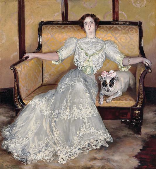 Portrait of a Lady with a Dog on the Sofa, vintage artwork by Julio Vila y Prades, 12x8" (A4) Poster