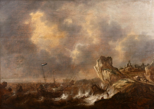 Shipwreck in a Storm off a Rocky Coast, vintage artwork by Pieter van der Croos, 12x8" (A4) Poster
