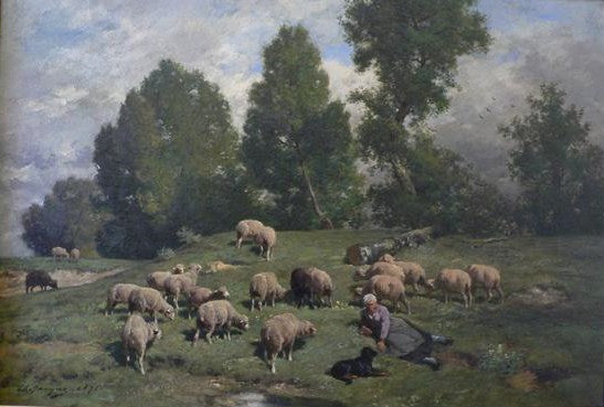 Peasant Woman Minding Her Sheep, vintage artwork by Charles-Émile Jacque, A3 (16x12") Poster Print