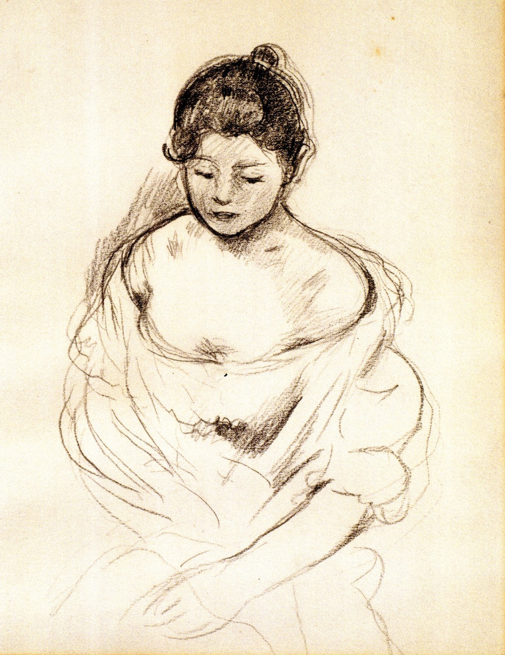 Girl en face with Nude Shoulders, Seated, vintage artwork by Berthe Morisot, 12x8" (A4) Poster