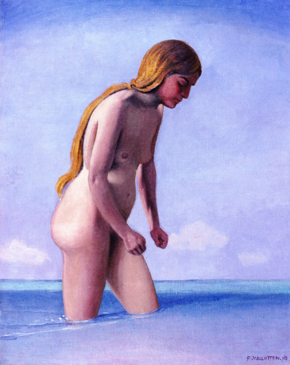 Blond Bather Walking in the Water, vintage artwork by Felix Vallotton, 12x8" (A4) Poster