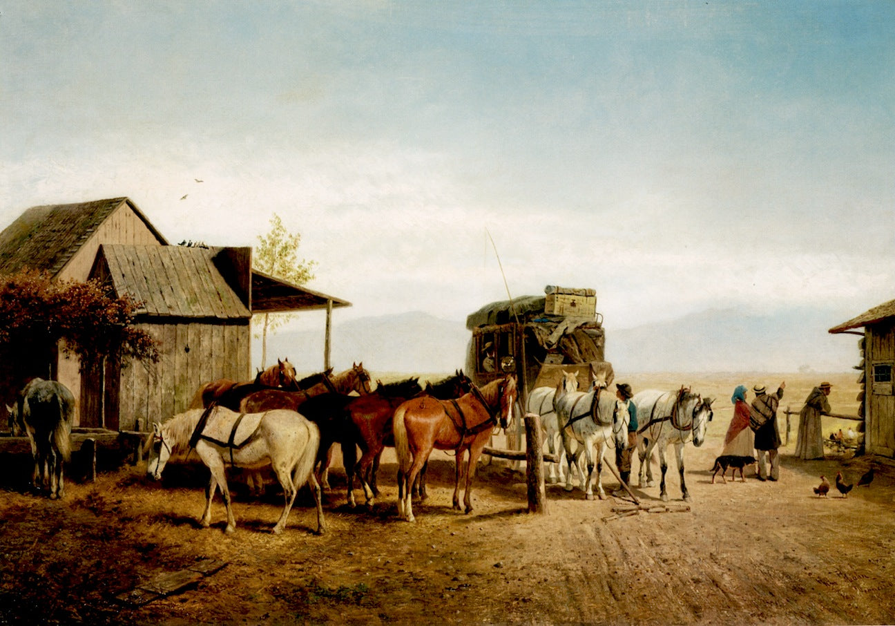 California Stagecoach Halt, vintage artwork by William Hahn, 12x8" (A4) Poster