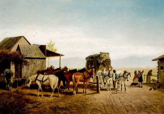 California Stagecoach Halt, vintage artwork by William Hahn, 12x8" (A4) Poster